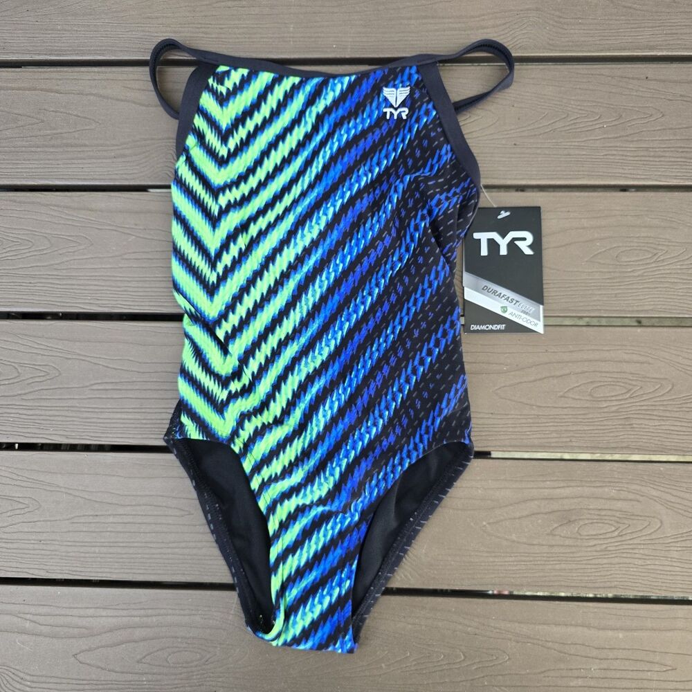 TYR Youth Girl's Durafast Elite Blue/Green Diamondfit One Piece Swim Sz 24 New